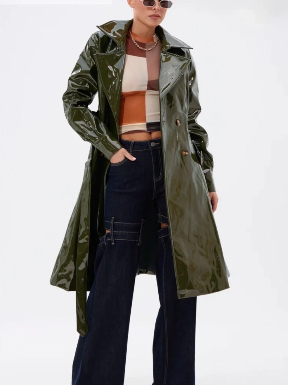 AKIRA MITICA PATENT TRENCH IN OLIVE Size LL - Picture 5 of 6